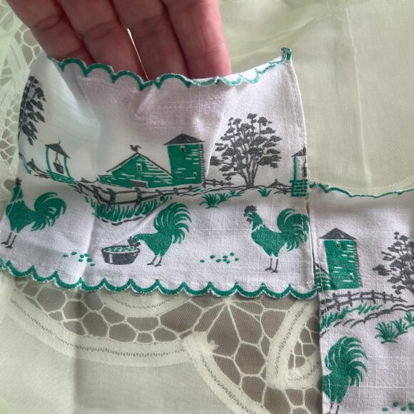 Vintage Green Chiffon Half Apron Pockets Chicken Rooster Farm Scene Retro Kitche - Picture 2 of 9
